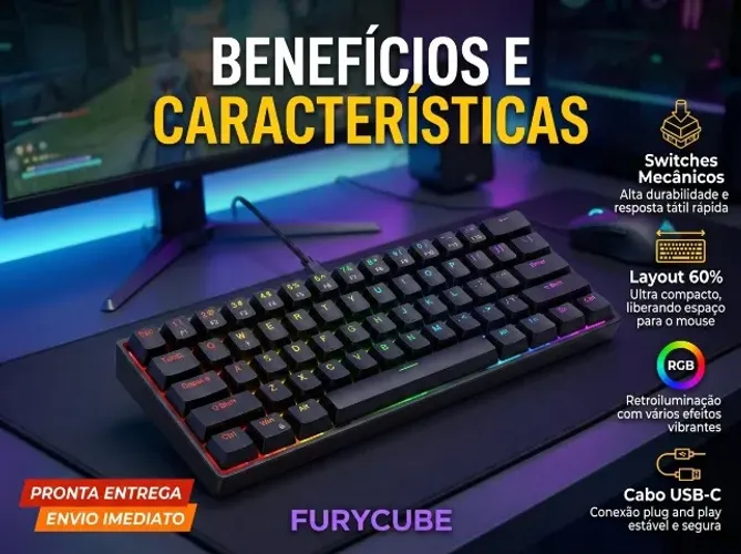 Teclado Mecânico Gamer 60% Hotswap Furycube H61k Usb-c Rgb