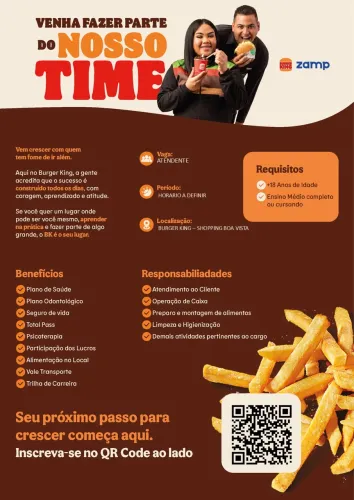 VAGA ATENDENTE FECHADOR BURGER KING