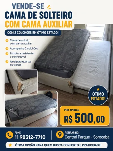 Cama de solteiro c/ cama auxiliar. Acompanha os 2 colchões em ótimo estado