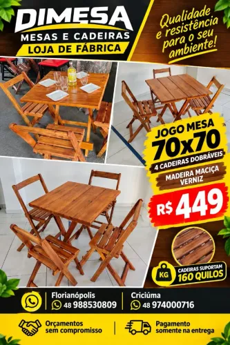 Jogo Mesa 70x70 + 4 Cadeiras Dobráveis Madeira Maciça <br>? Madeira maciça envernizada