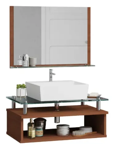 Armário Banheiro MDF + Espelheira + Cuba + Torneira Completo