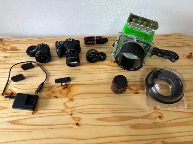 Câmera Canon SL2 + diversos acessórios (Cartão 64GB, Mochila, adaptadores)