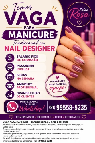 MANICURE E NAIL DESIGNER - CONTRATAÇÃO IMEDIATA