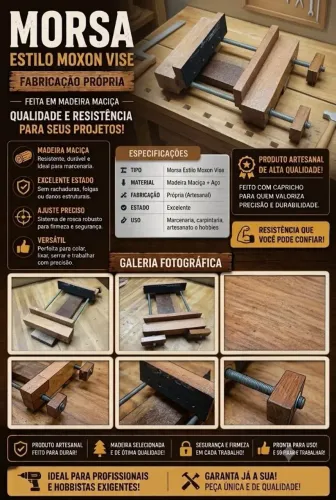 Morsa de Bancada em Madeira Maciça (Moxon Vise) - Artesanal / Novíssima 