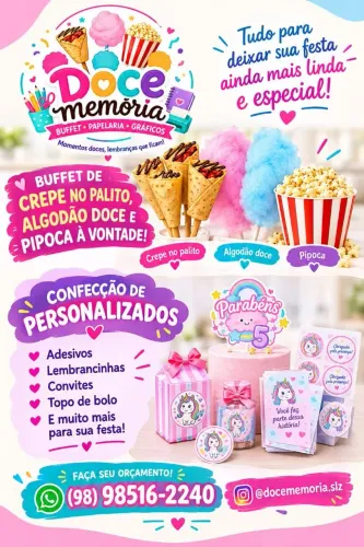 Buffet infantil/ pipoca algodão doce e crepes por 3h livres 