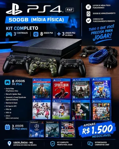 PLAYSTATION 4 FAT 500GB + 3 CONTROLES + 8 JOGOS + BÔNUS PS2