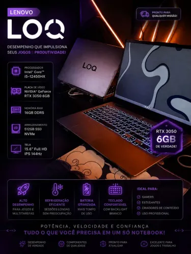 Lenovo LOQ Gamer RTX 3050 6GB | i5-12450HX | 16GB RAM | SSD 512GB | Impecável