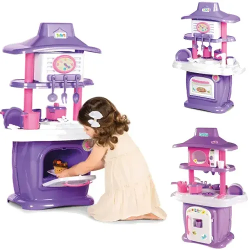 Cozinha completa de brinquedos com geladeira e pia que sai agua, fogão e forno