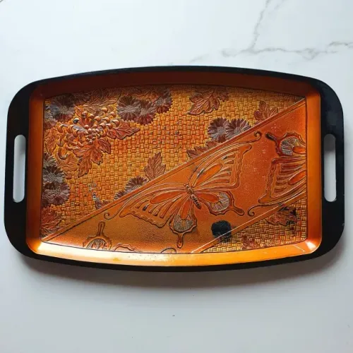 Bandeja De Servir Arte Charão Nihon Shikko Japonesa Borboleta Laca Antiga