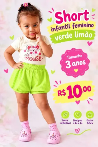 SHORT INFANTIL FEMININO VERDE LIMÃO - 3 ANOS