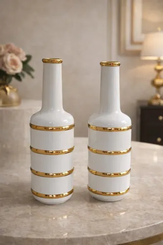 Conjunto de Vasos Decorativos Branco com Detalhes Dourados