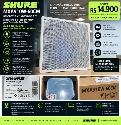 Shure MXA910W-60CM Microfone de Teto Dante PoE - Novo