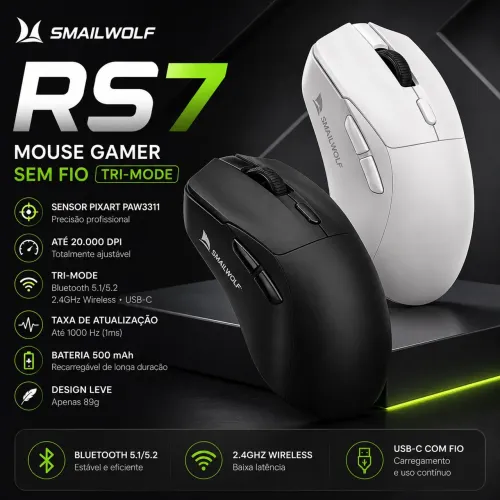 Mouse Gamer Sem Fio SMAILWOLF RS7 - 3 Modos Gamer | PAW3311| NOVO