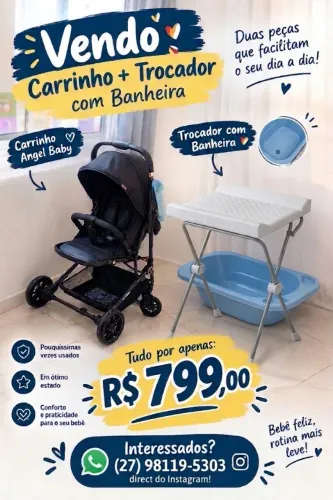 Carrinho de bebê + trocador com banheira