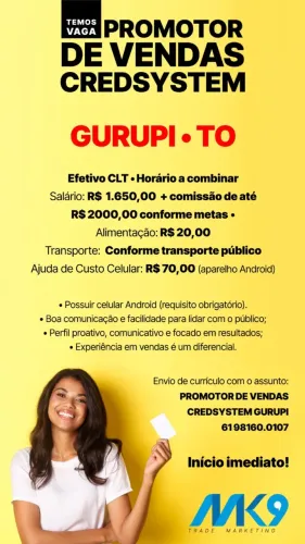 VAGAS!! PROMOTOR DE VENDAS - GURUPI - TO