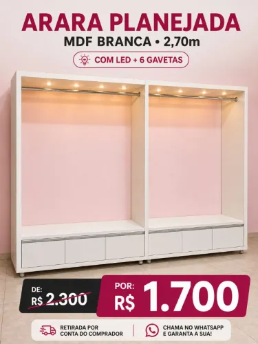 Arara Planejada em MDF Branca com LED - 2,70m