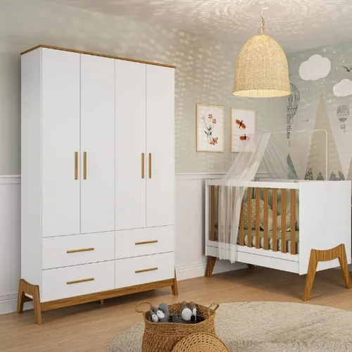 Roupeiro Infantil Guti + Berço Cama Americano Guti, 100% MDF - Peroba