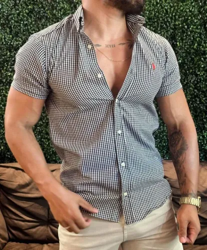 Camisa social manga curta microxadrez