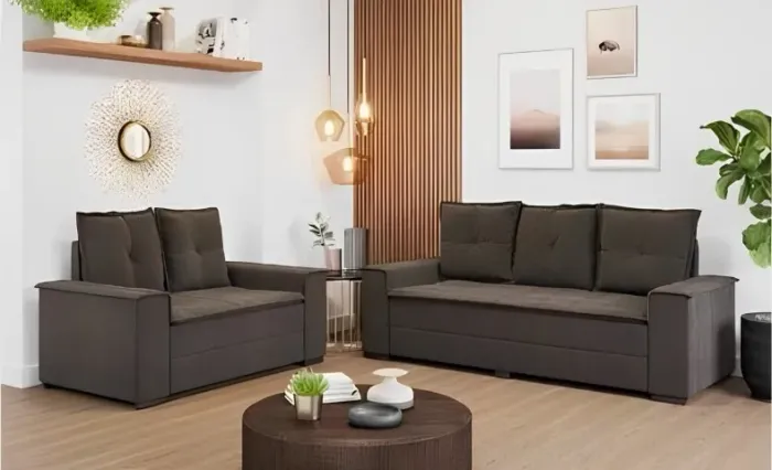Sofa 2 e 3 lugares Barcelona na cor marrom gett moveis