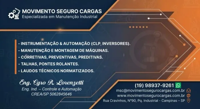 Manutenção industrial, corretivas, automação, talhas, ponte rolante. 