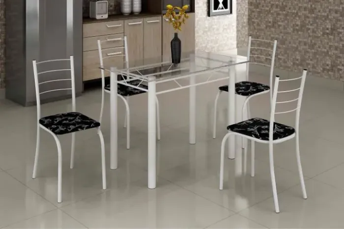 onjunto Mesa Rio 100x60 Branco Tmp Vidro com 4 Cds Branco.Lirio PretoTeixeira