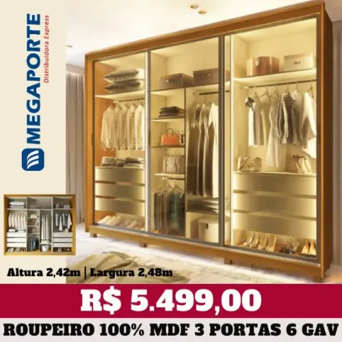 Guarda Roupa Platinum 3 Portas Reflecta 100% MDF e LED (Novo) Entrega Grátis!