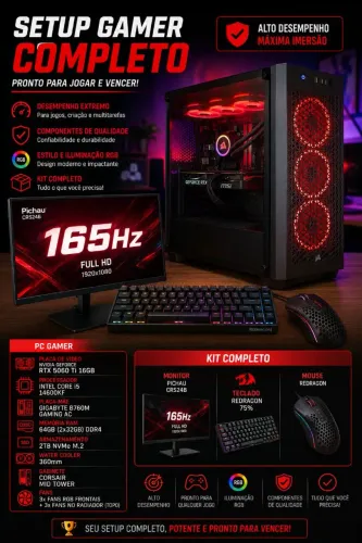 PC Gamer Completo i5 14600KF + RTX 5060 TI 16GB + 64GB RAM + SSD NVME 2TB + KIT COMPLETO