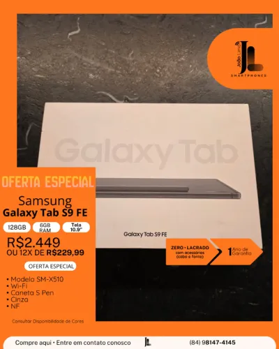 GALAXY TAB S9 FE, 128GB, 6GB RAM, TELA 10.9 POL., LACRADO, EXCLUSIVO!