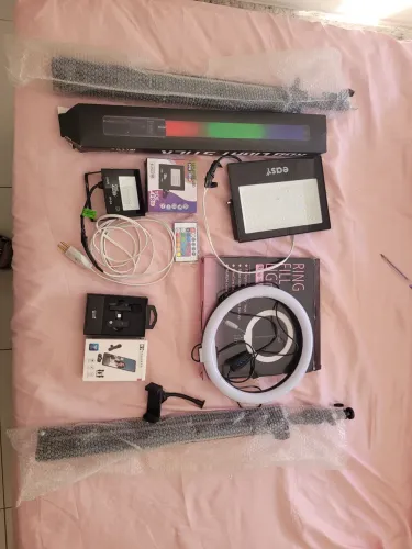 Kit iluminação: refletor, ring light, microfone