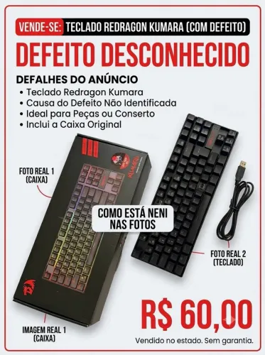 Teclado Mecânico Redragon Kumara - Com Defeito (Para Peças ou Conserto)