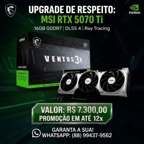 Placa de Vídeo MSI RTX 5070 Ti 16GB GDDR7 - Upgrade de Alta Performance
