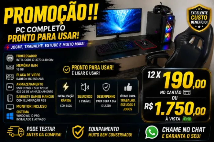 PC GAMER COMPLETO E ACESSÓRIOS - OPORTUNIDADE! PRONTO PARA USAR! ? PARCELO NO CARTÃO