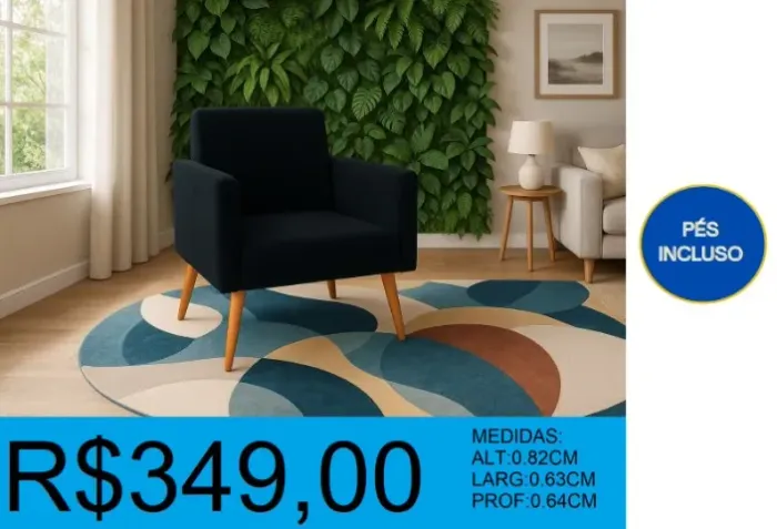 Poltrona de veludo c/ pés palito de madeira larg:63cm - frete grátis!