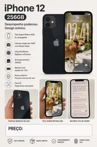 iPhone 12 256gb - 75% bateria - nunca aberto