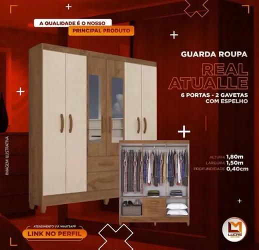 Guarda Roupa Real Atualle com espelho, 6 Portas e 2 Gavetas - Entrega Imediata!