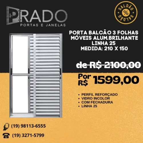 Porta balcão veneziana 3 folhas móveis 210 x 150 alumínio brilhante Linha 25 