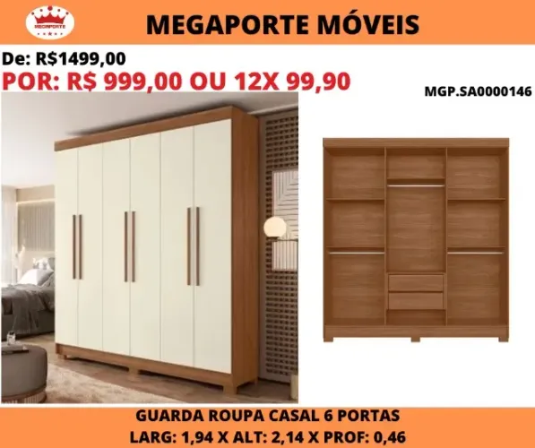 Guarda Roupa 1,94x2,14 com 6 Portas 2 Gavetas