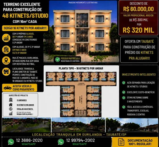 Terreno Gurilandia Taubaté 500m² Estuda Incorporação prédio , de 380mil por 320mil