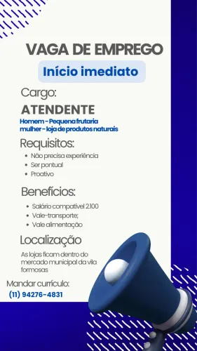 Vaga de emprego zona leste, vila formosa