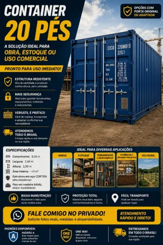Container 20 pés para obra, estoque e uso imediato