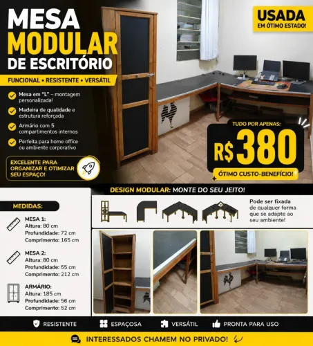 Conjunto Escritório: Mesa Modular em L + Armário 5 Compartimentos - Oportunidade!