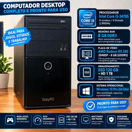 PC Gamer RX 580 8GB + 8GB RAM + SSD 120GB +1T HD + Monitor 21 