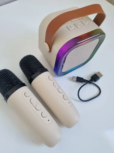 Caixa de som Bluetooth K12 luzes LED coloridas + 2 microfones sem fio - karaokê portátil