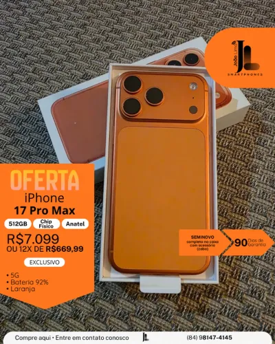 IPHONE 17 PRO MAX, 5G, 512GB, ANATEL, CHIP FÍSICO, SEMINOVO, LARANJA, EXCLUSIVO!