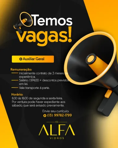 AUXILIAR GERAL - 18 A 35 ANOS- VIDRAÇARIA - VAGA MASCULINA