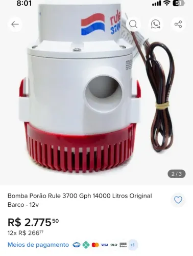 Bomba de Porão Rule 3700 GPH 14A 12V - Nova.