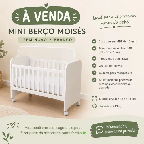Mini berço Moisés + Colchão + 3 lençóis Nunca Usados + Mosqueteiro