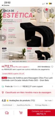 Maca estética em couro com mocho e escadinha, cor preta . Semi nova 