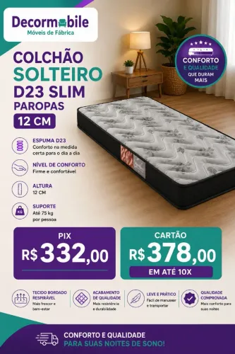 Colchão Solteiro D23 paropas slim 13 cm até 85 kg 1 ano garantia 