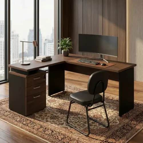 Mesa Em L Com Gaveteiro Marsala Preto Design Executivo Premium 23480